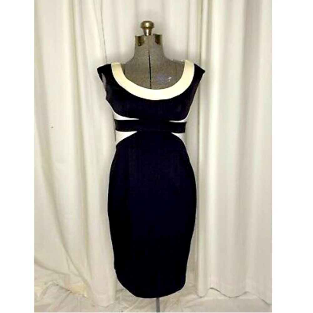 Maggy London Black and Cream bodcon colorblock women's knit dress